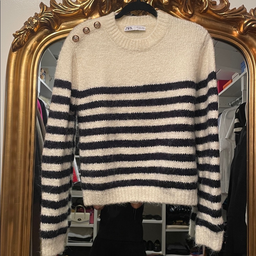 Zara Cream and Navy Striped Sweater with Button Accents